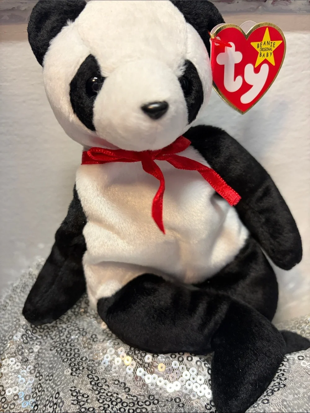 NWT Ty Fortune the Panda Bear Beanie Baby Plush with Red Ribbon